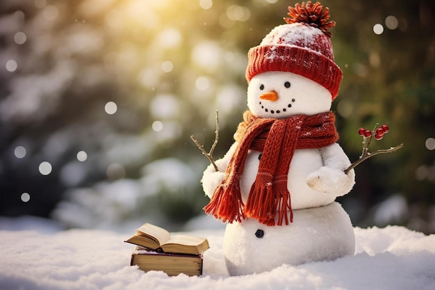 Muñeco de nieve con un libro de fondo