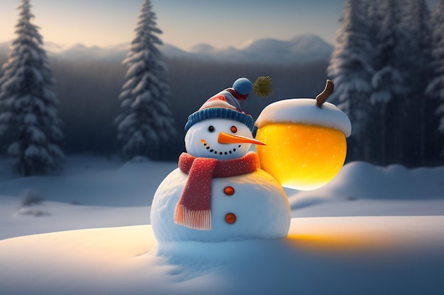 Un muñeco de nieve con una linterna encima