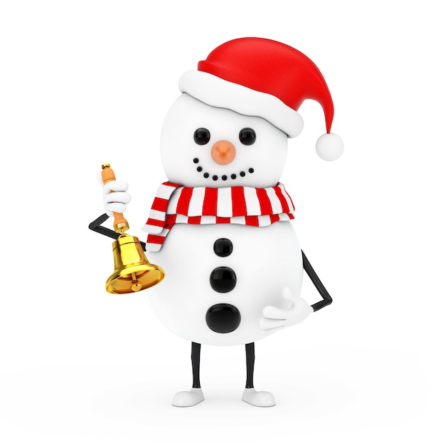 Muñeco de nieve en la mascota del carácter del sombrero de Santa Claus con la campana de la escuela de oro de la vendimia en un fondo blanco. Representación 3D