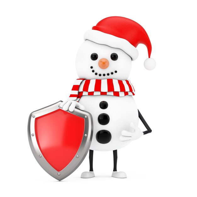 Muñeco de nieve en mascota de personaje de sombrero de Santa Claus con escudo de protección de metal rojo sobre un fondo blanco. Representación 3D