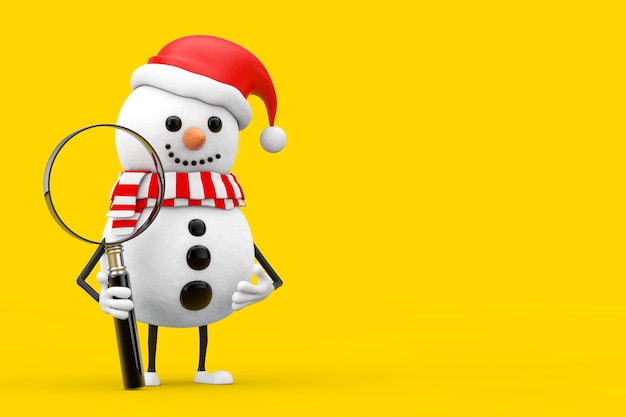 Muñeco de nieve en mascota de personaje de sombrero de Santa Claus con lupa sobre un fondo amarillo. Representación 3D