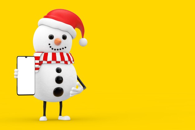 Muñeco de nieve en mascota de personaje de sombrero de Santa Claus con moderno teléfono móvil con pantalla en blanco para su diseño sobre un fondo amarillo. Representación 3D