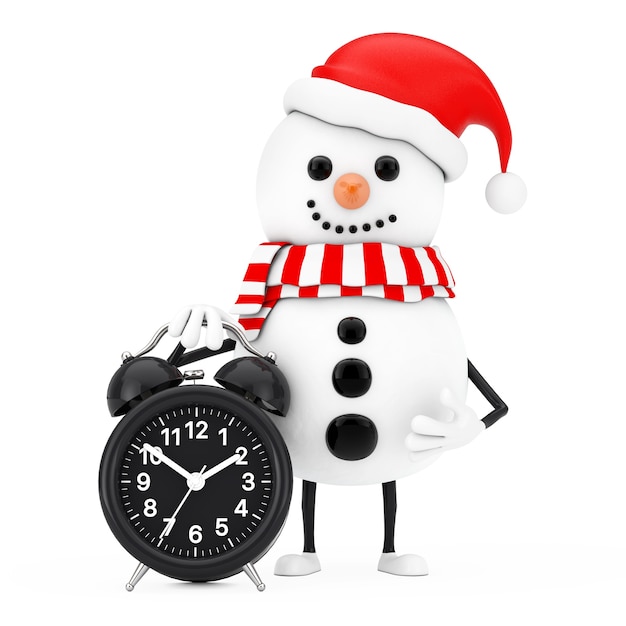 Muñeco de nieve en mascota de personaje de sombrero de Santa Claus con reloj despertador sobre un fondo blanco. Representación 3D