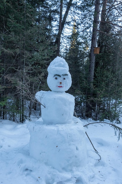 Un muñeco de nieve moldeado hecho de nieve con una cara pintada sobre un fondo de bosque Crepúsculo Juegos infantiles en invierno