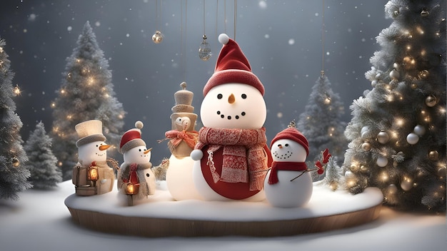 El muñeco de nieve y el muñeco de nieve en el fondo de Navidad Ilustración 3D