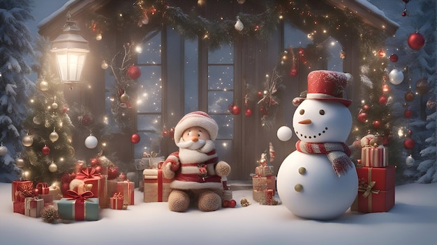 Muñeco de nieve y muñeco de nieve frente a la casa de Navidad ilustración 3d