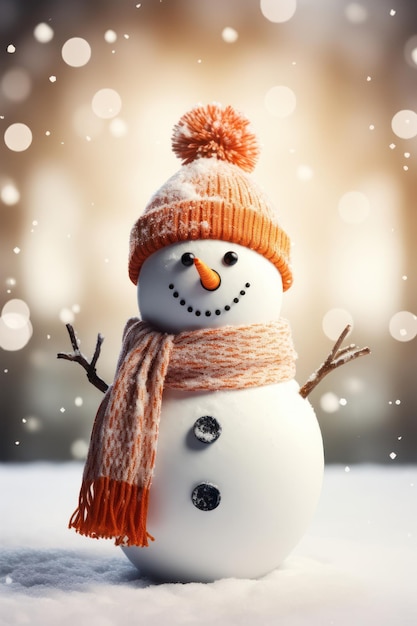 Muñeco de nieve en la nieve desenfoque paisaje nevado Plantilla de tarjeta de vacaciones de temporada de invierno
