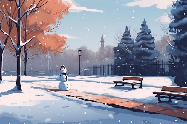 un muñeco de nieve en la nieve frente a un banco del parque.