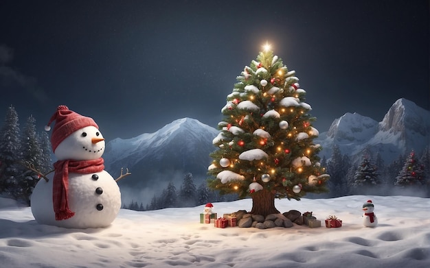 muñeco de nieve en la nieve con la noche de Navidad