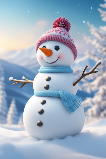 muñeco de nieve con paisaje invernal y fondo de nieve de alta calidad