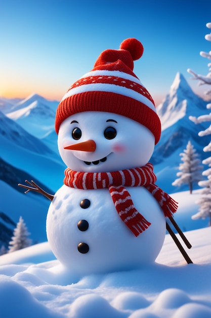 muñeco de nieve con paisaje invernal y fondo de nieve de alta calidad