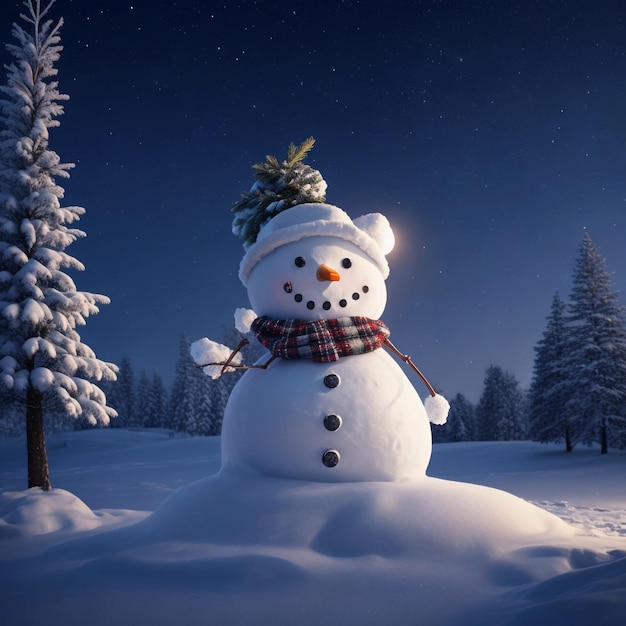 Muñeco de nieve con paisaje invernal y nieve por la noche en Navidad