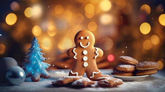 Muñeco de nieve de pan de jengibre con azúcar en polvo y galletas en el árbol de Navidad con cálidas luces azules doradas