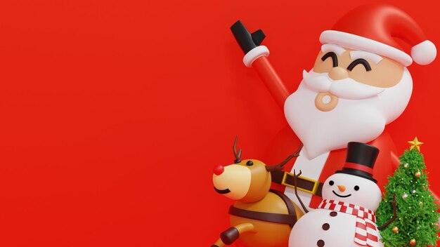 Muñeco de nieve de Papá Noel y caja de regalos del árbol de Navidad Feliz año nuevo y tarjeta de felicitación de Feliz Navidad Representación 3D