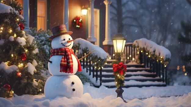 Un muñeco de nieve de pie en el jardín frente a una casa decorada para Navidad