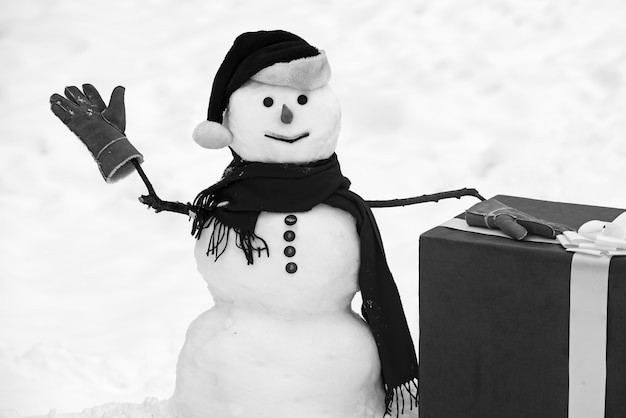 Muñeco de nieve de pie en sombrero de invierno y bufanda con regalo