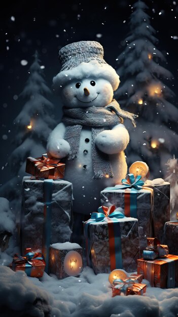 un muñeco de nieve con regalos