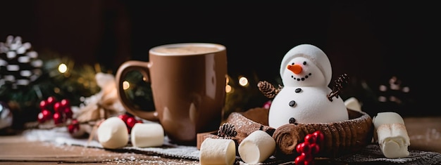 Un muñeco de nieve se sienta en una mesa junto a una taza de chocolate caliente y un árbol de navidad