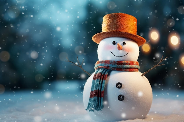 muñeco de nieve sobre la nieve en invierno con fondo de luces navideñas al estilo de sketchfab