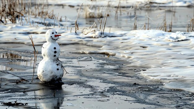 Un muñeco de nieve solitario está de pie en un lago congelado el muñón de nieve está hecho de dos bolas de nieve y tiene una zanahoria en lugar de una nariz el muñuelo de neve está rodeado de nieve e hielo