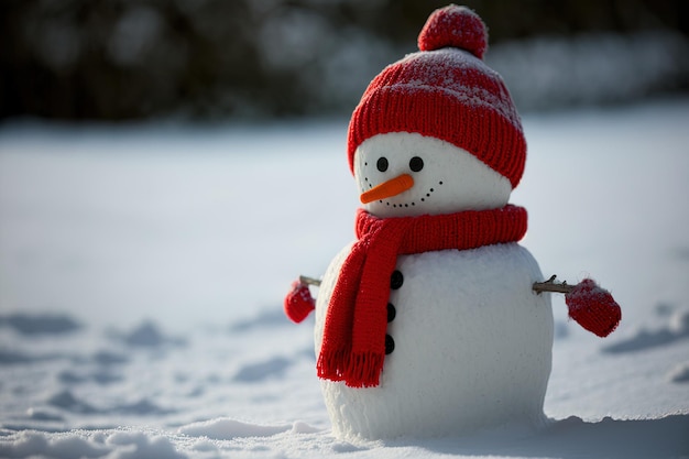 Muñeco de nieve solitario con un sombrero rojo durante el invierno