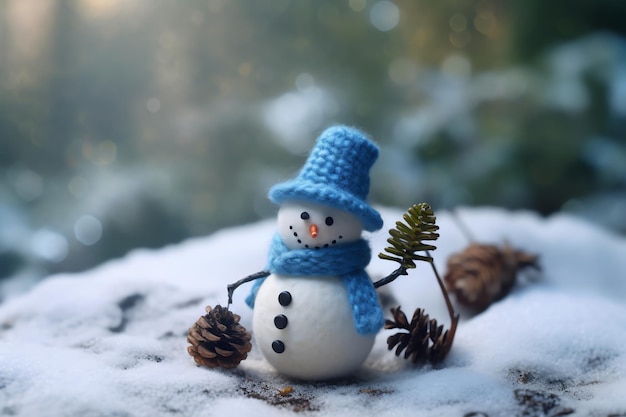 Un muñeco de nieve con un sombrero azul y una bufanda azul se sienta en la nieve.