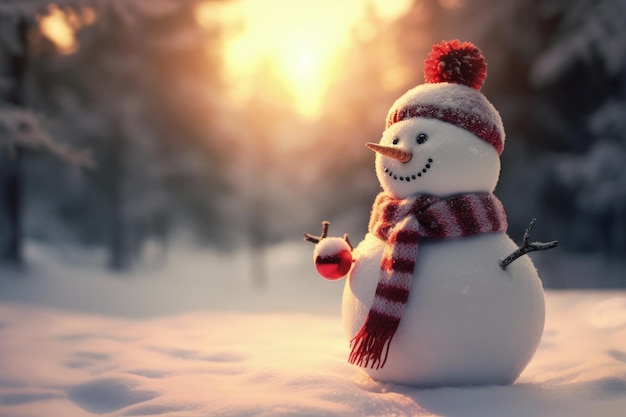 Muñeco de nieve con sombrero y bufanda concepto de navidad fondo bokeh IA generativa