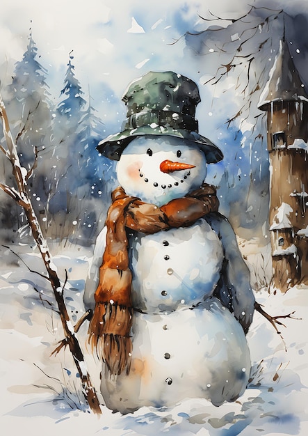 muñeco de nieve sombrero bufanda nieve cuento de hadas fondo cuerpo forma mojado técnica ventas princesa se encuentra caballete
