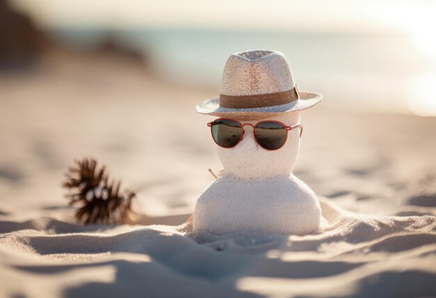 Muñeco de nieve con sombrero y bufanda en la playa concepto de navidad fondo bokeh IA generativa