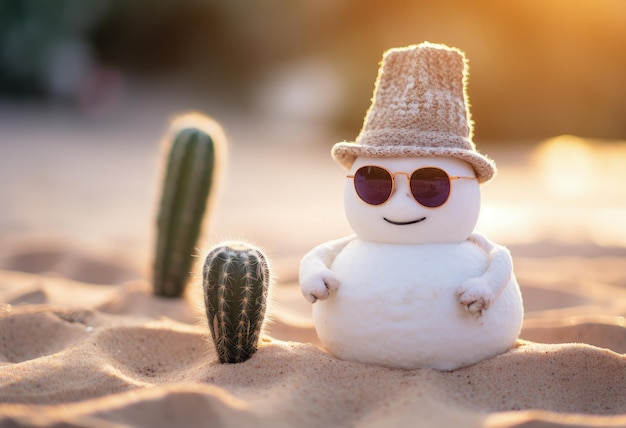 Muñeco de nieve con sombrero y bufanda en la playa concepto de navidad fondo bokeh IA generativa