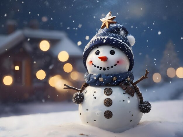 Muñeco de nieve con sombrero estrellado en un día nevado