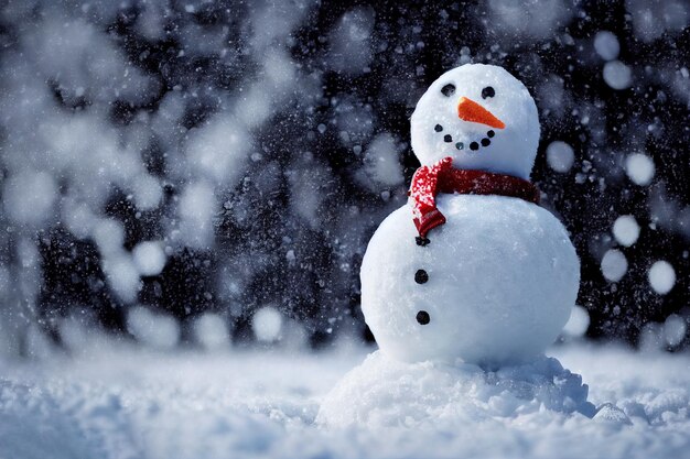 Muñeco de nieve sonriente en invierno con sombrero y bufanda alumbrado público natural fondo del bosque luz del día fotografía profesional centrada en el muñeco de nieve