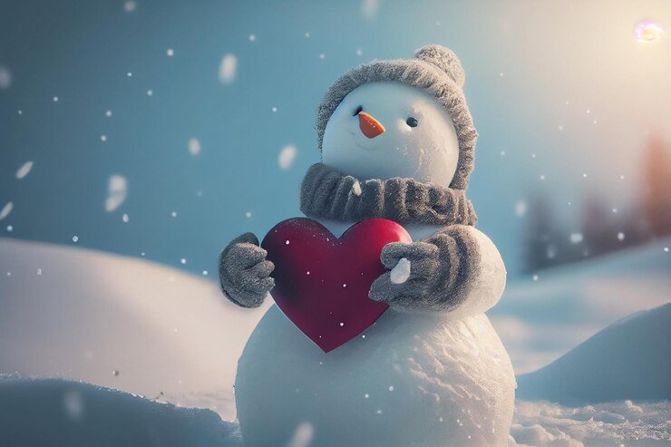 Muñeco de nieve sosteniendo un corazón Día de San Valentín snowmangenerative ai
