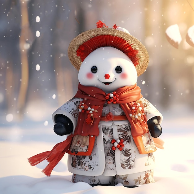 Muñeco de nieve con traje típico chino de fondo de invierno
