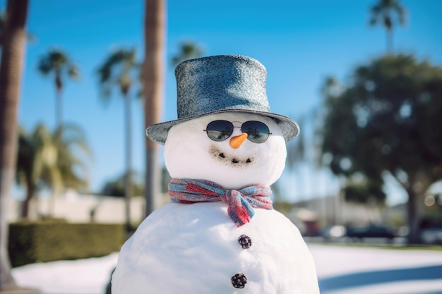 Foto un muñeco de nieve de vacaciones un viaje de invierno a los trópicos