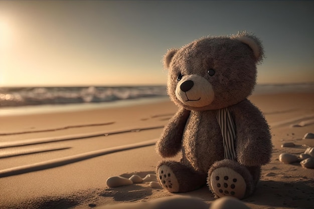 Muñeco de oso en la playa con el sol brillando