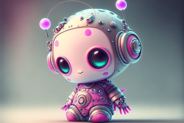 Un muñeco robot con cabeza y ojos rosas.