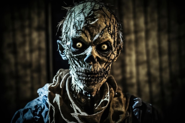 Muñeco zombie de terror como decoración de Halloween en la oscuridad