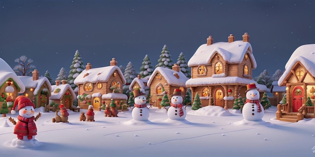 Muñecos de nieve parados en el contexto de casas de cuento de hadas, bosques y el cielo estrellado, ilustración 3D