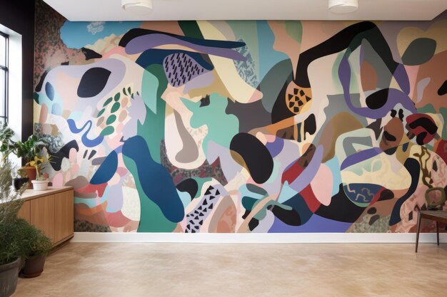 Mural abstrato com mistura de cores e formas na parede em branco criada com generative ai