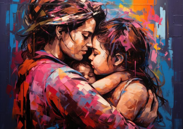 Un mural de arte callejero que representa a un padre y un hijo abrazándose con colores vibrantes y audaces