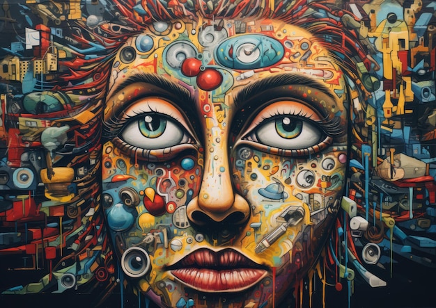 Un mural de arte callejero que representa el rostro de una persona contorcido por la angustia rodeado de símbolos y