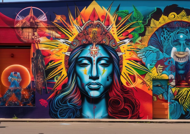 Un mural de arte callejero que representa varios símbolos y figuras religiosas con colores vibrantes y audaces