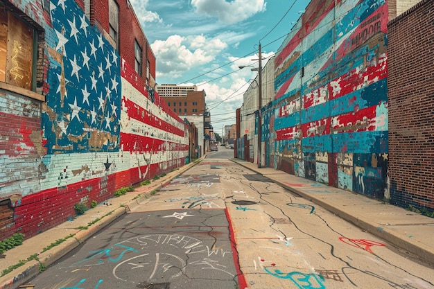 Mural de arte callejero de temática patriótica en una ciudad bulliciosa