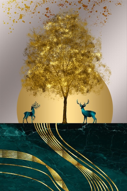 mural de arte moderno papel tapiz 3d paisaje nocturno árboles negros dorados mármol oscuro sol y ciervos
