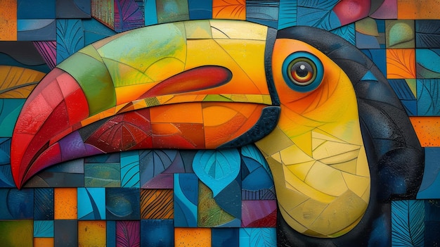 Foto este mural captura un tucano en un estilo geométrico con un mosaico de colores vívidos que crea un llamativo