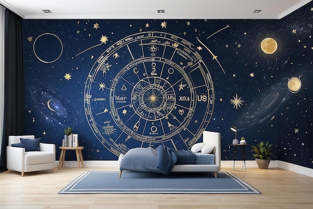 Mural de la carta estelar celeste en un rincón de astrología