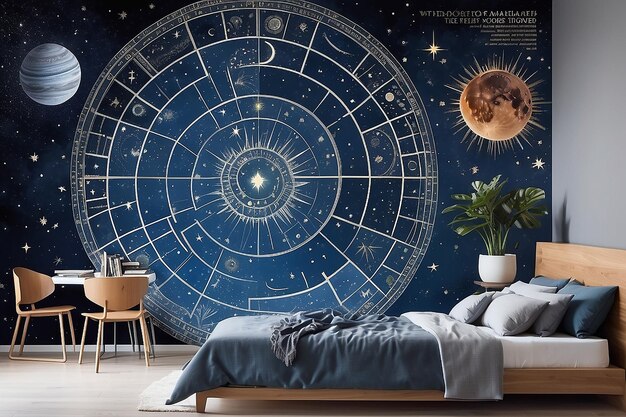 Mural de la carta estelar celeste en un rincón de astrología