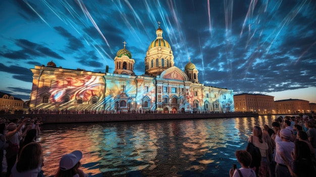 Un mural de la catedral se ilumina por la noche.