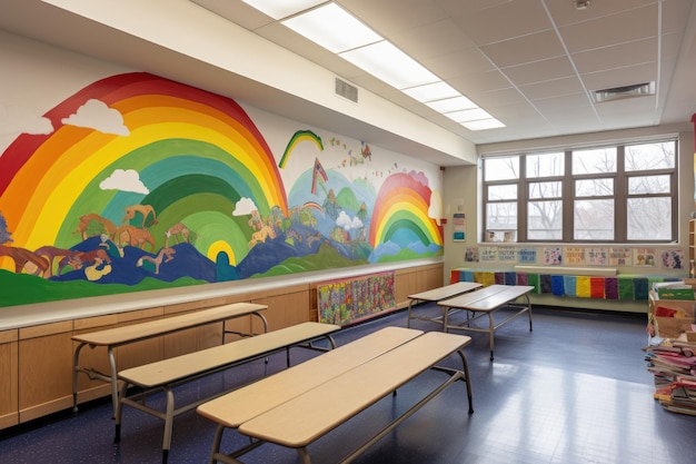 Mural de colores del arco iris en las paredes del aula de la escuela primaria creado con IA generativa